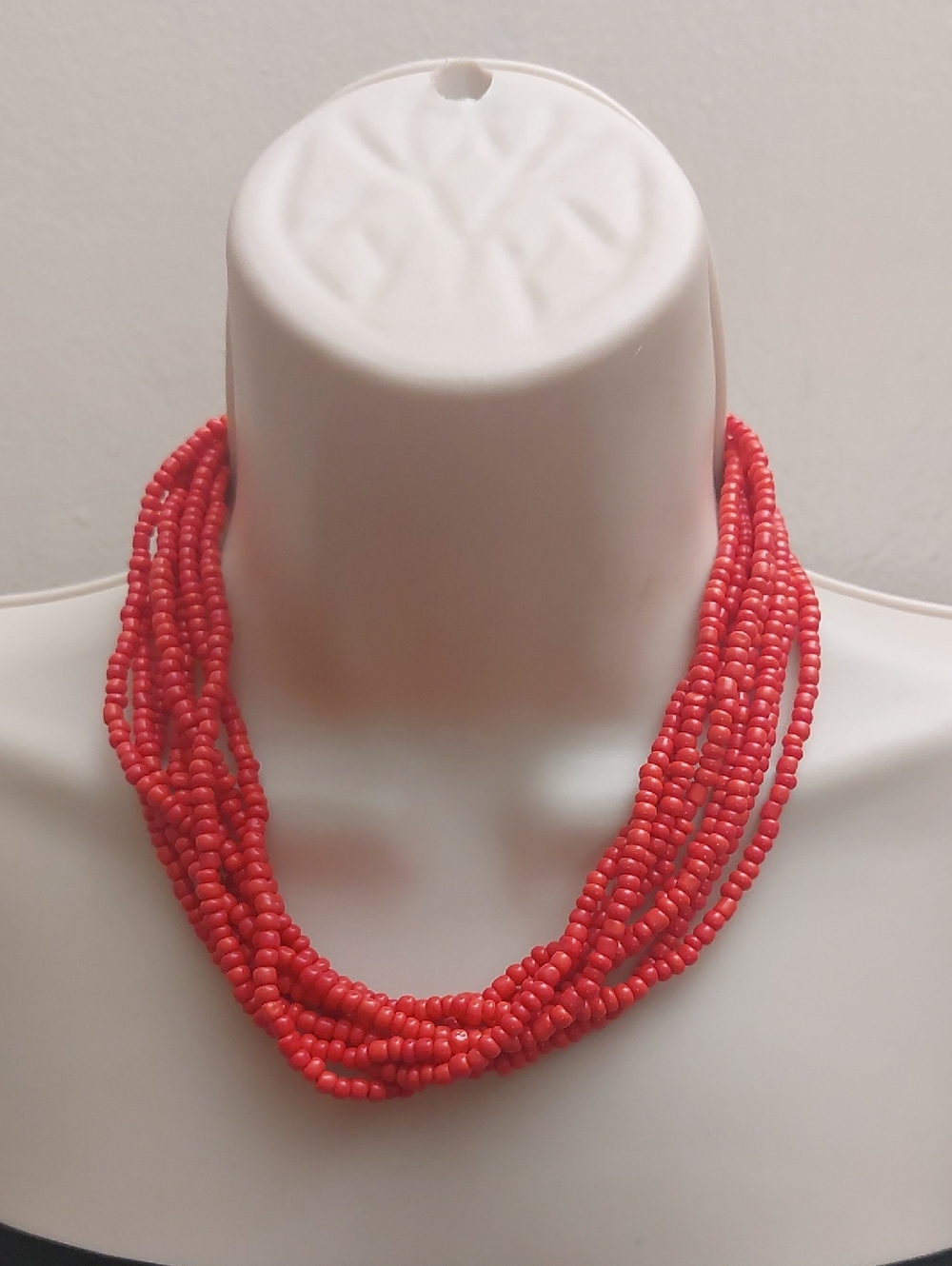 Vintage Multistrand Coral Red Glass Beads Necklace Button Loop Closure